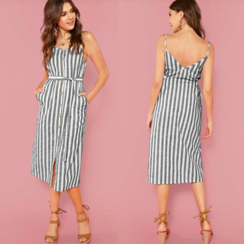 NEW Grey & White Striped Midi Dress w/ Pockets